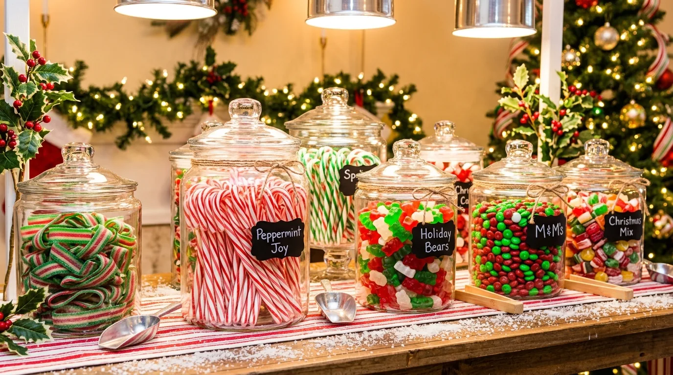 Christmas kitchen counter styled with brass candles and greenery.