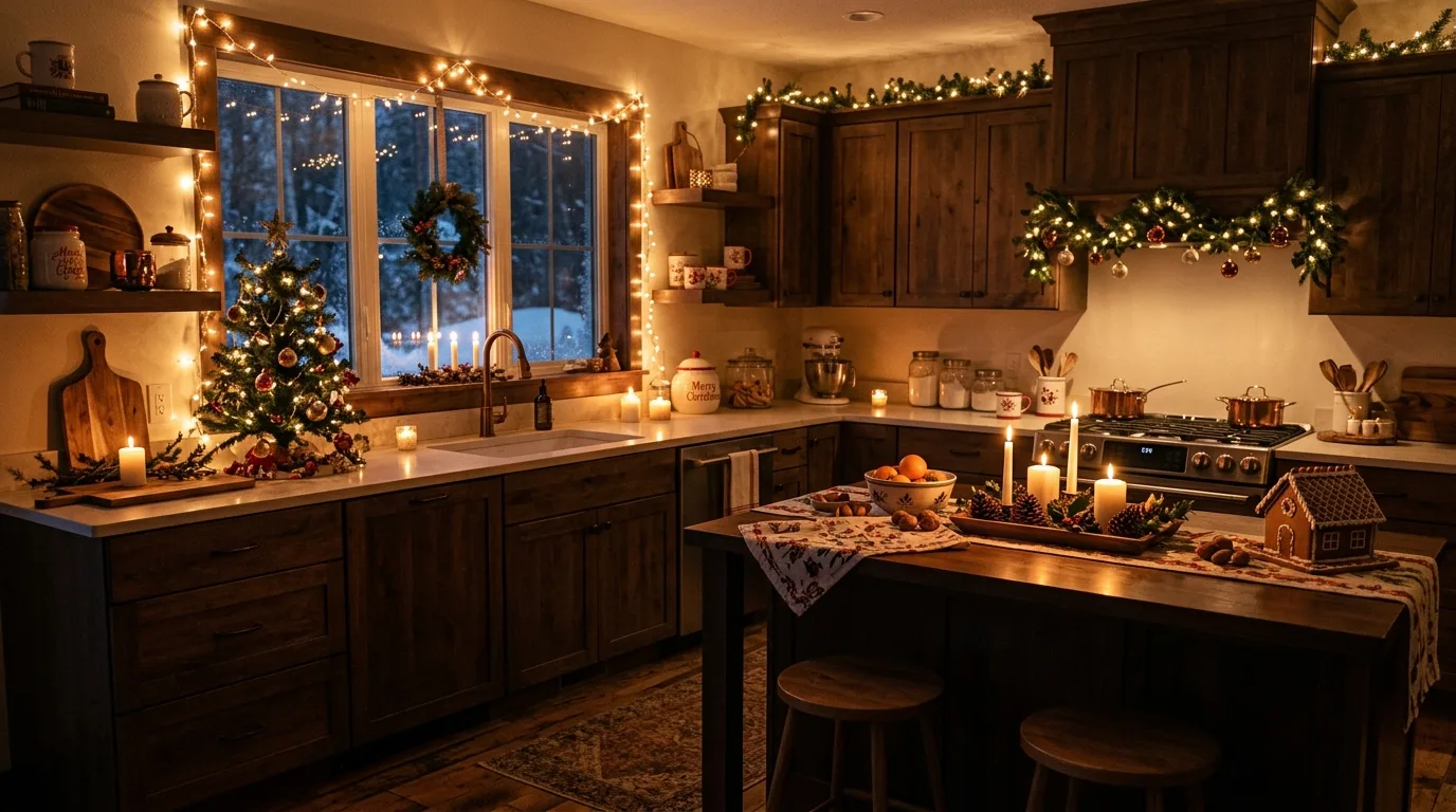 Festive kitchen island with practical Christmas decor and open prep space.