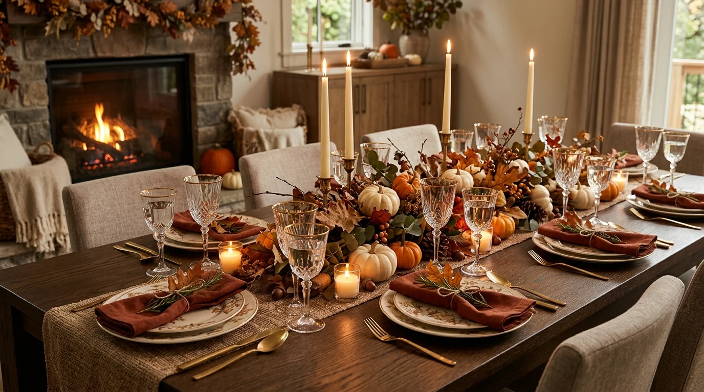 Festive Thanksgiving mantel decorated with garland, leaves, and pumpkins.