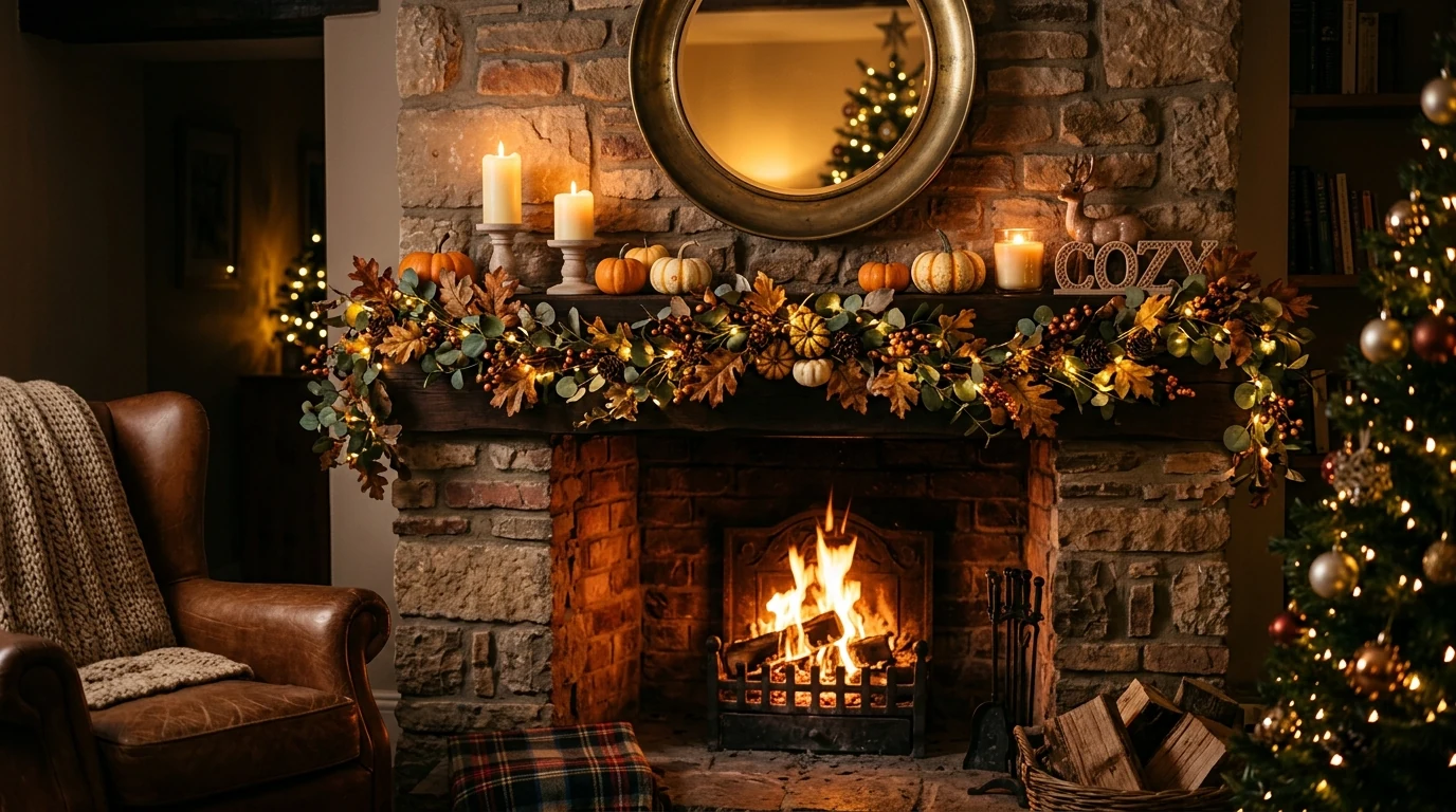 Kitchen shelves decorated with festive Thanksgiving touches and autumn styling.