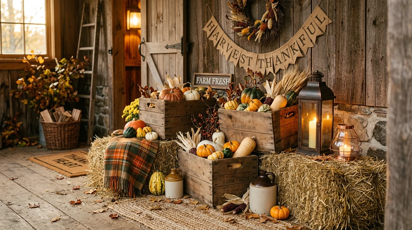 Festive Thanksgiving living room with cozy harvest layers and warm decor.