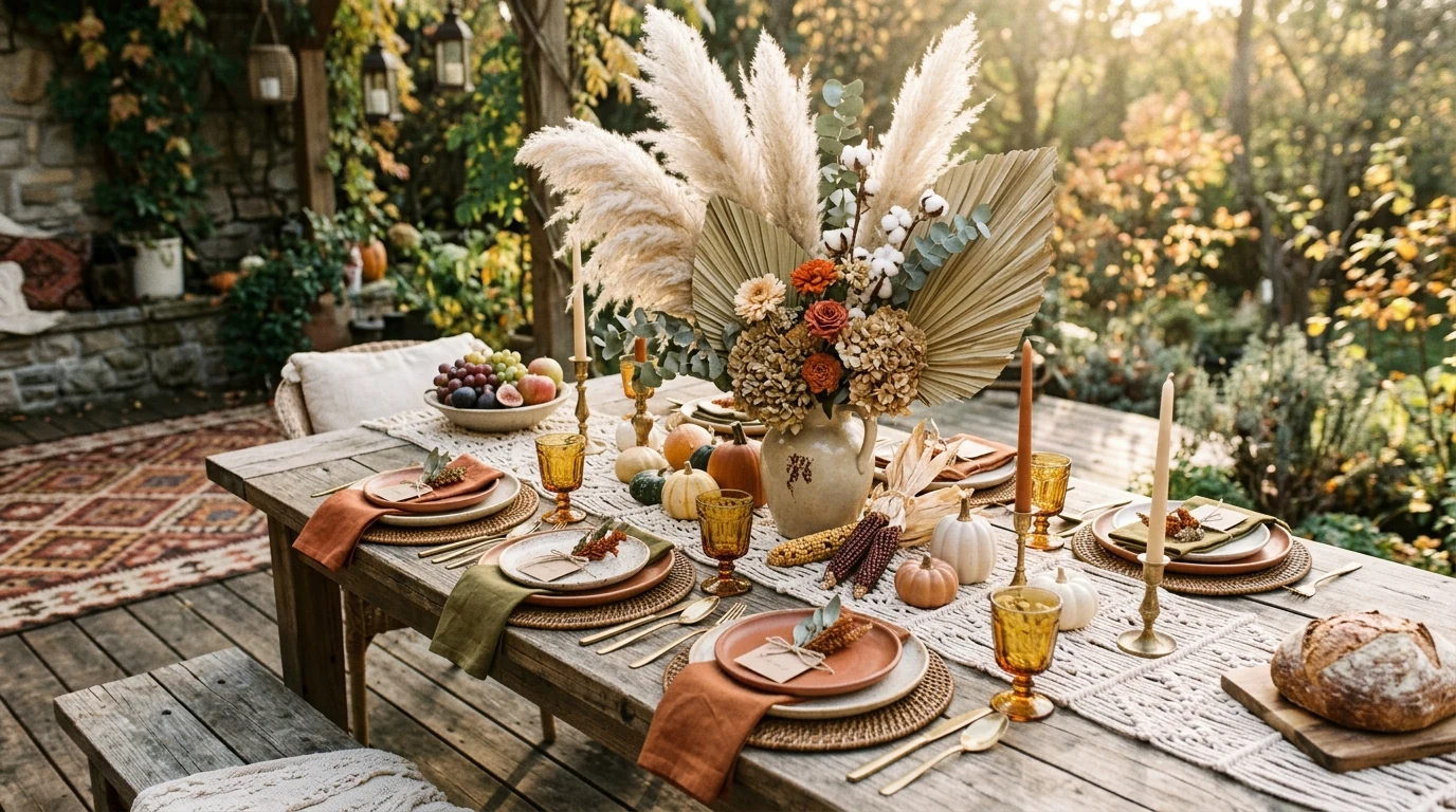 Thanksgiving sideboard styled with candles and serving pieces.
