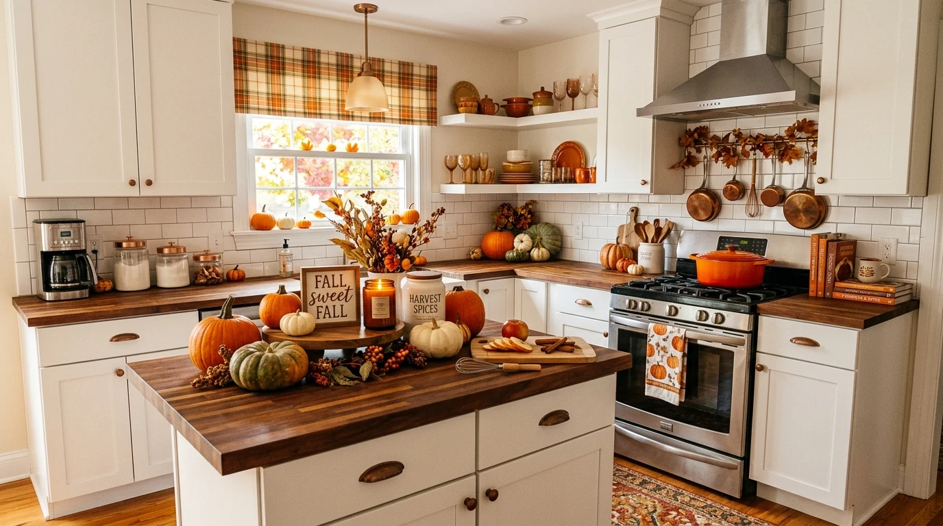 Festive Thanksgiving staircase decorated with garland and seasonal texture.