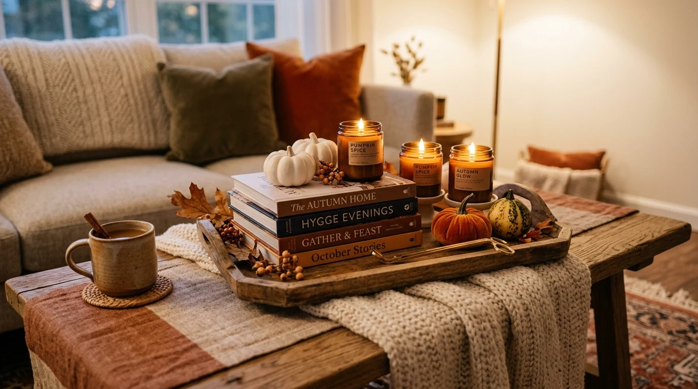 Neutral Thanksgiving home decor with white pumpkins and soft autumn texture.