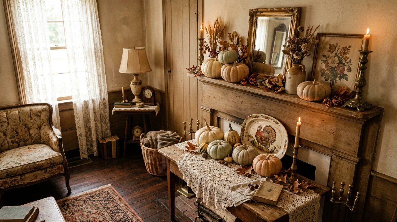 Farmhouse Thanksgiving decor with wheat, wood, and warm natural styling.