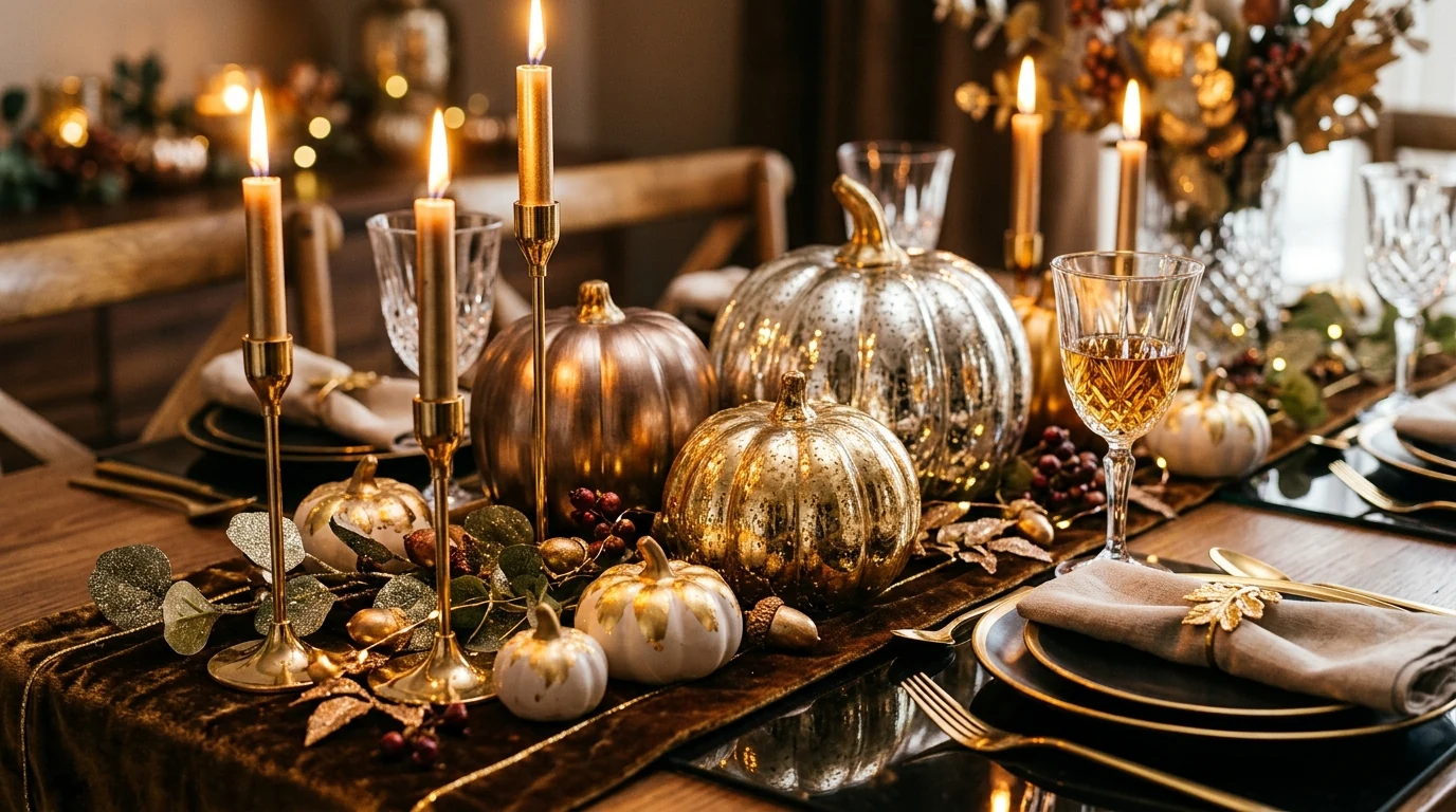 Thanksgiving home decor with metallic accents for an elevated festive mood.