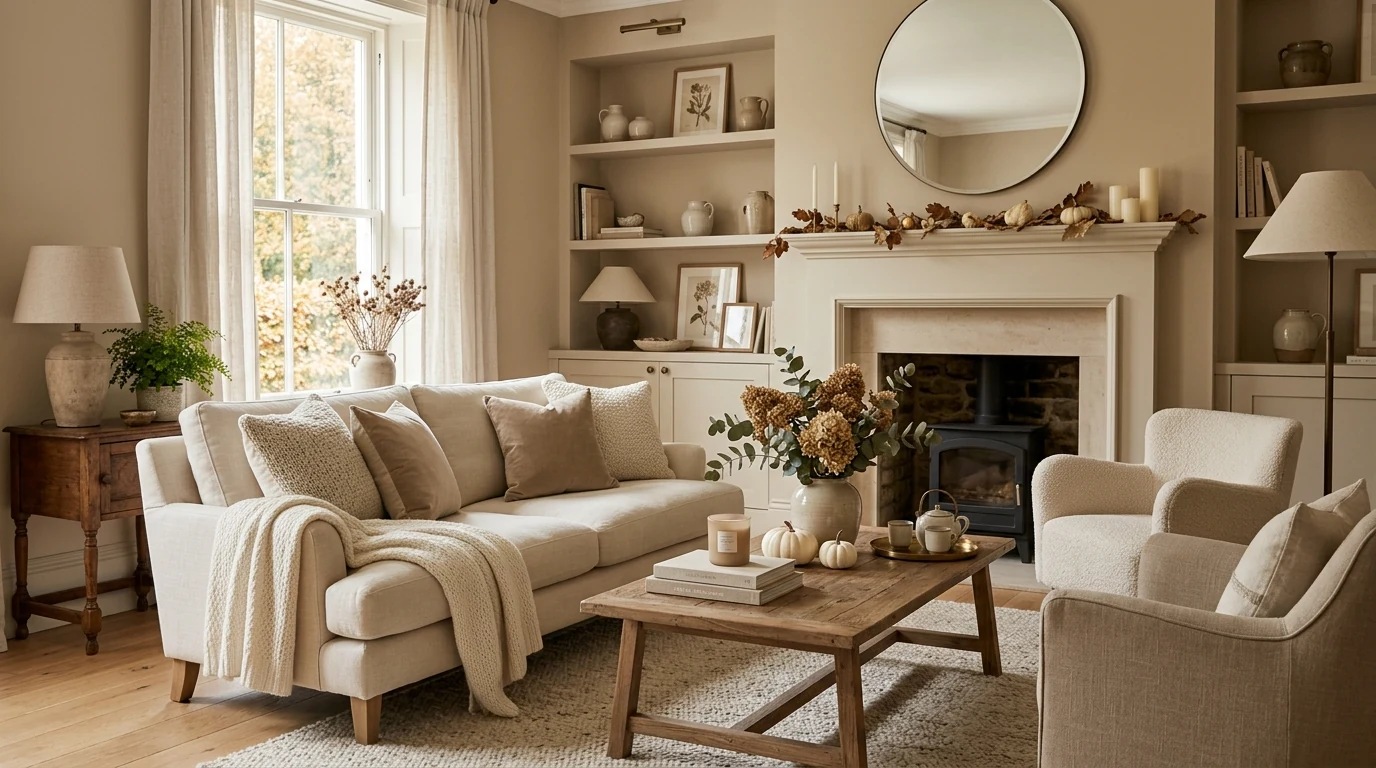 Festive family room decorated for Thanksgiving gatherings after dinner.