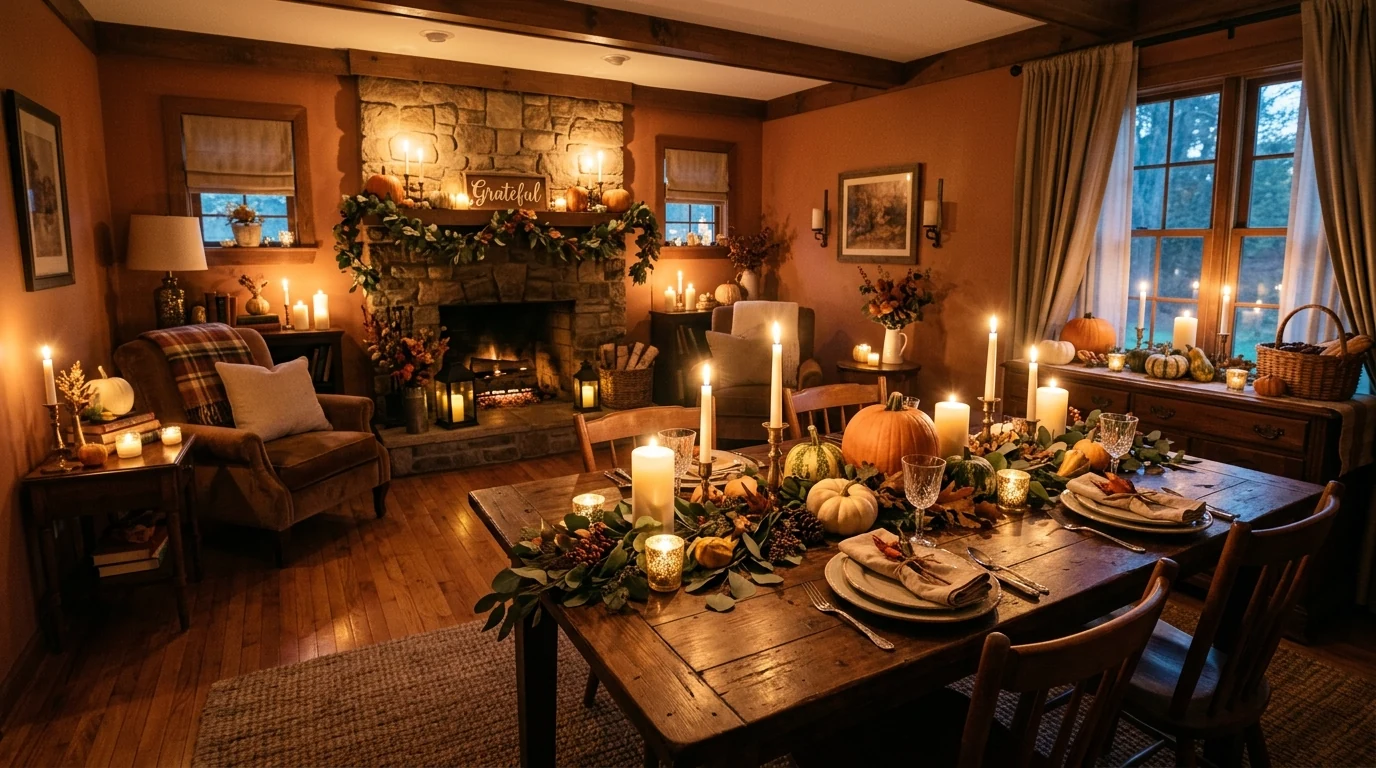 Festive Thanksgiving home decor with a cohesive grateful holiday palette throughout.
