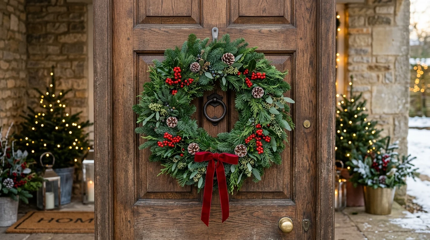 Festive winter Christmas wreath styling on a welcoming seasonal front door.