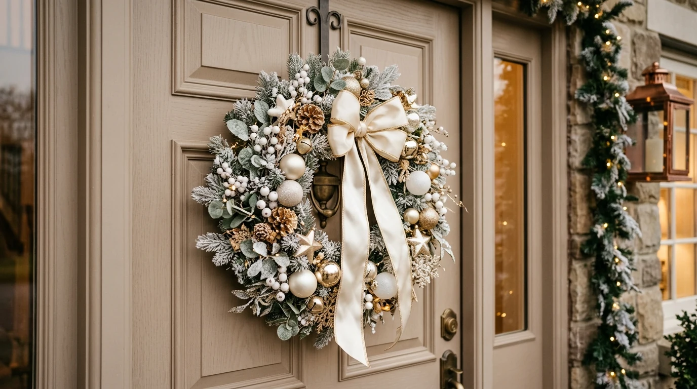 Snow-dusted evergreen wreath creating a frosty winter look on an entry door.