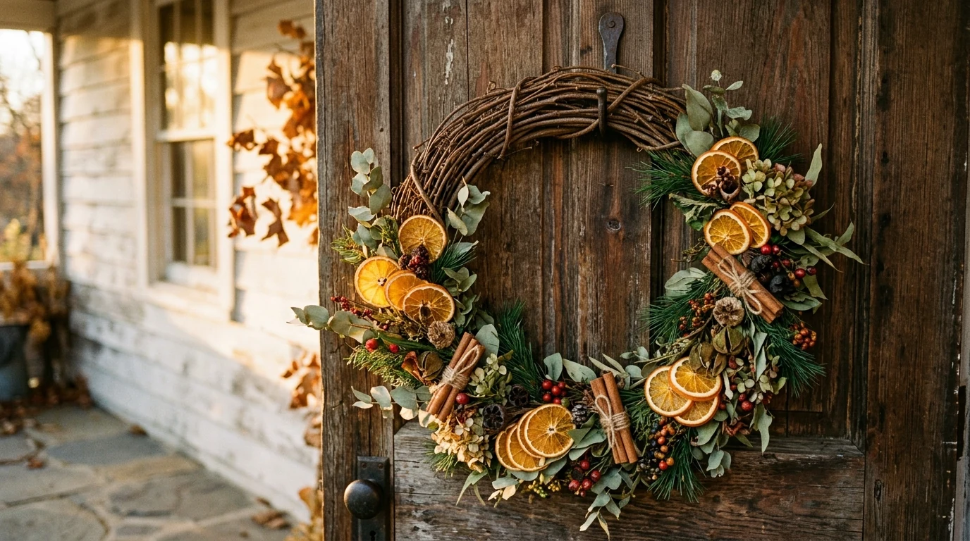 Christmas wreath decorated with red berries and pinecones for a classic holiday entry.