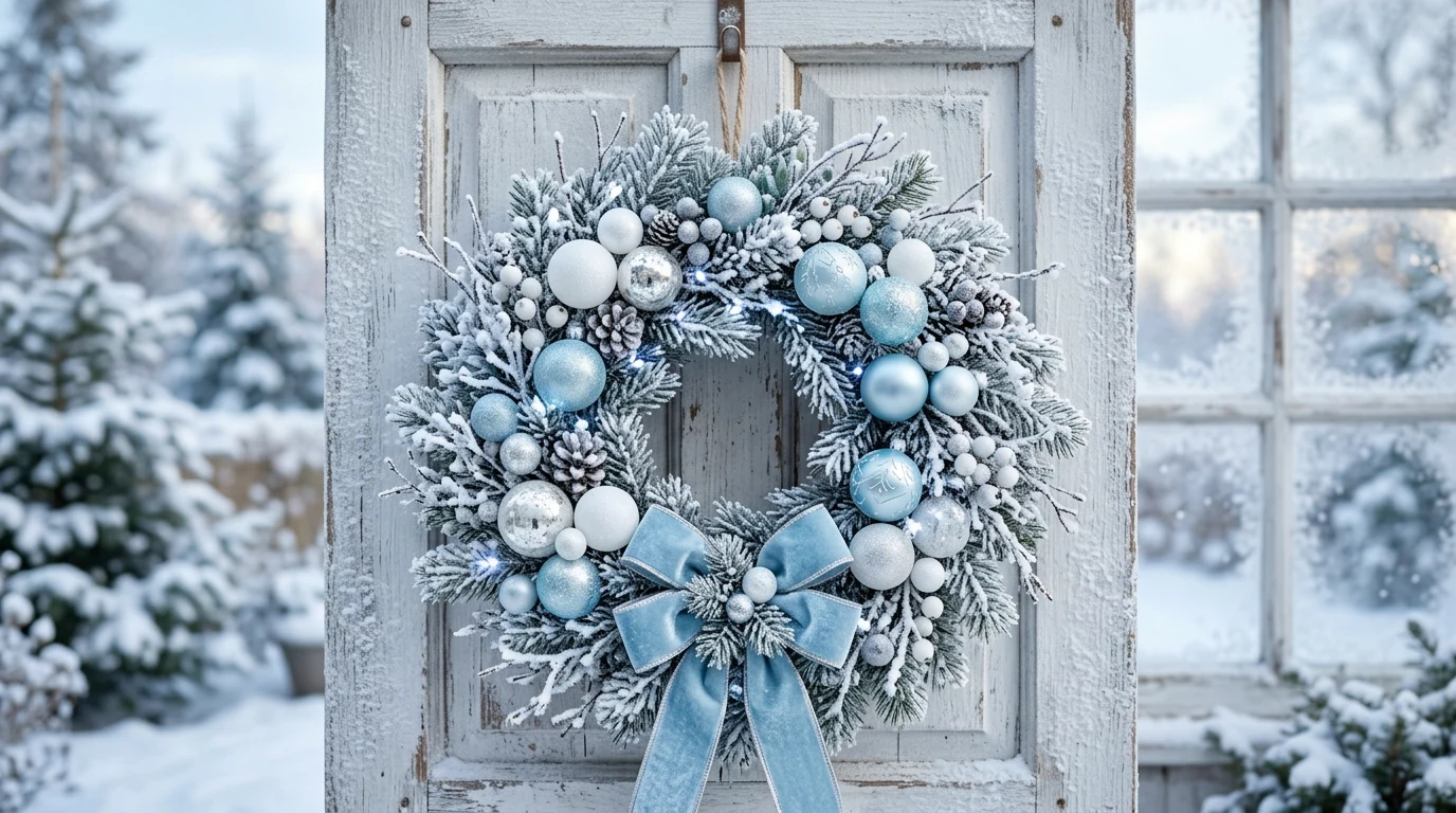 Evergreen wreath finished with a statement plaid ribbon for Christmas.