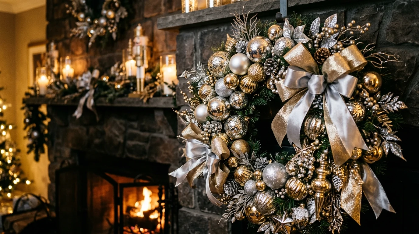 Minimal glam Christmas wreath in white and gold tones on a modern front door.