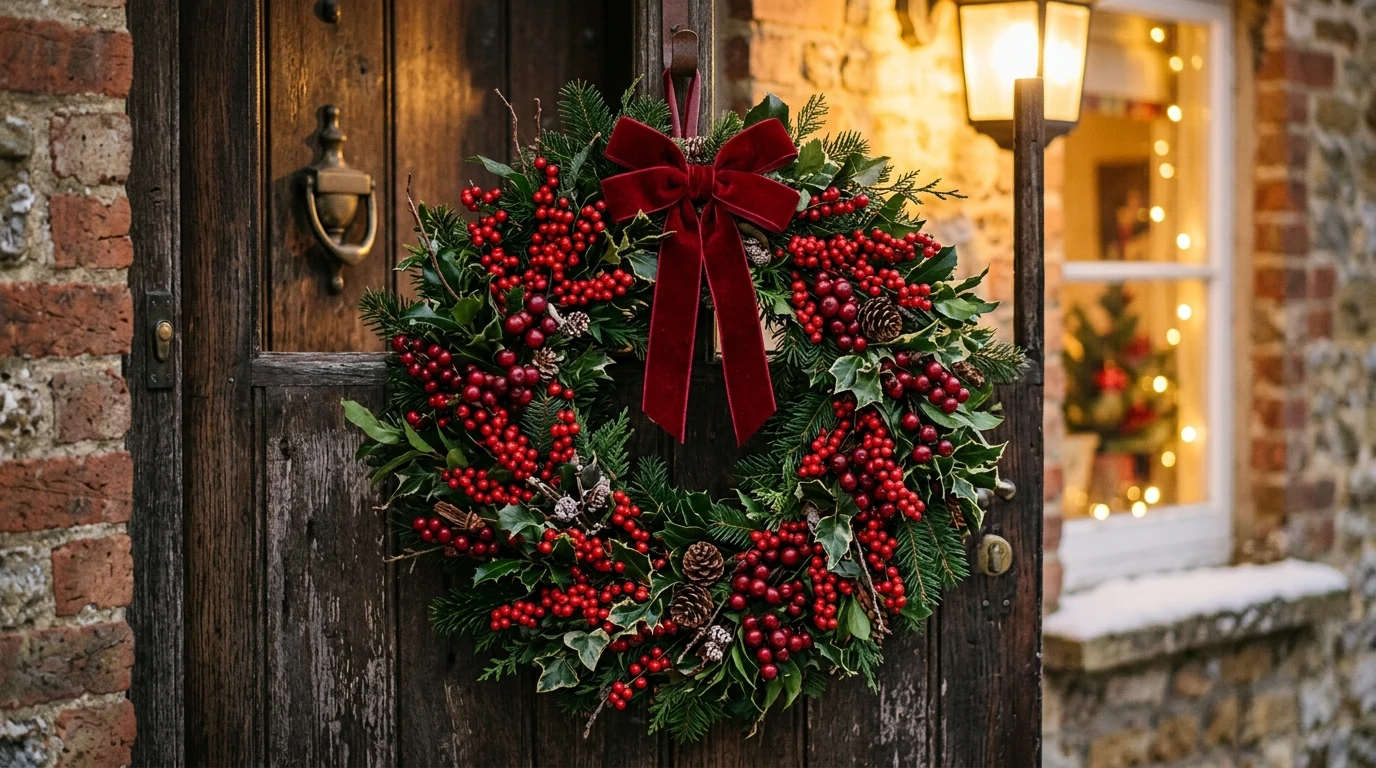 Cedar Christmas wreath decorated with dried citrus slices for a warm seasonal look.
