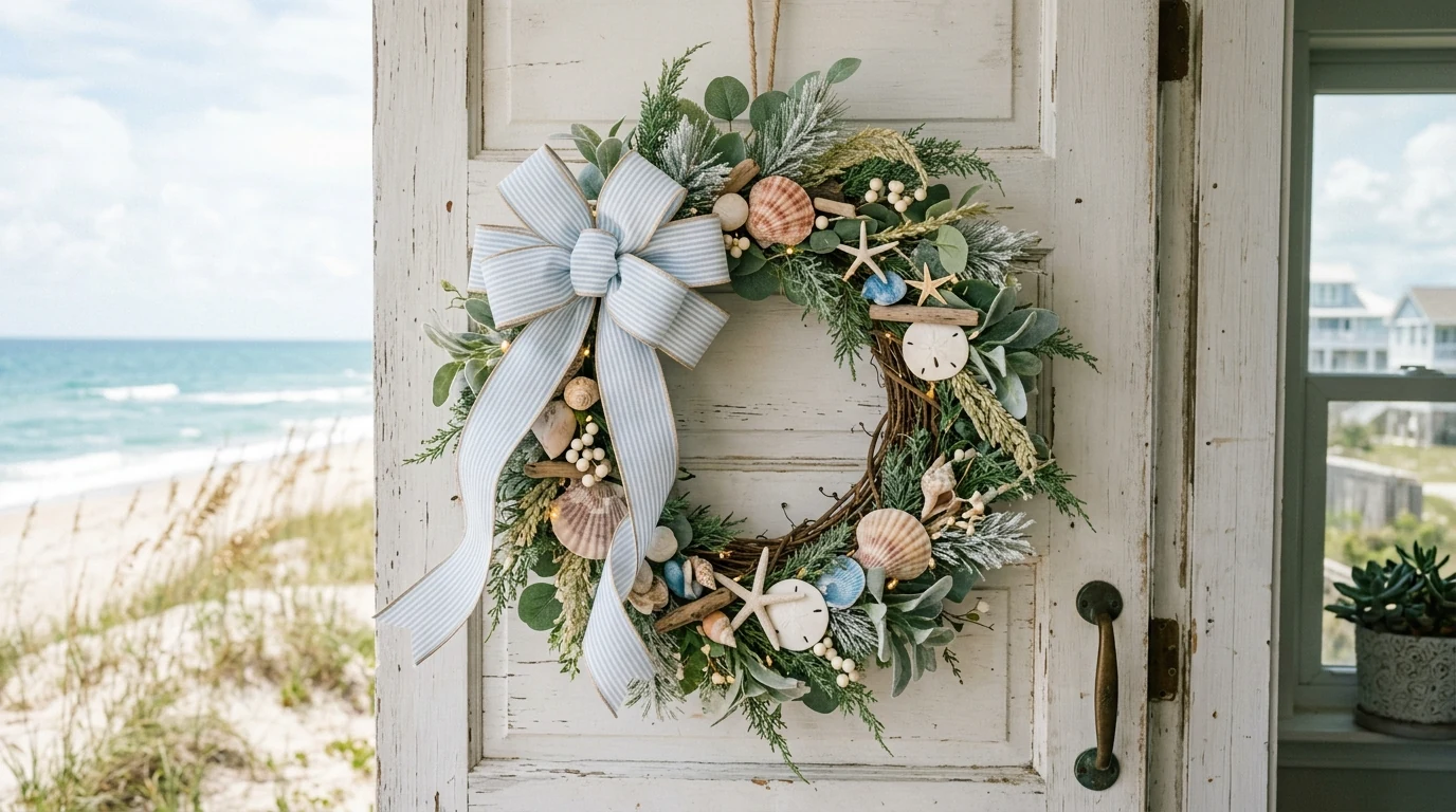 Asymmetrical winter wreath adding a contemporary touch to the front door.