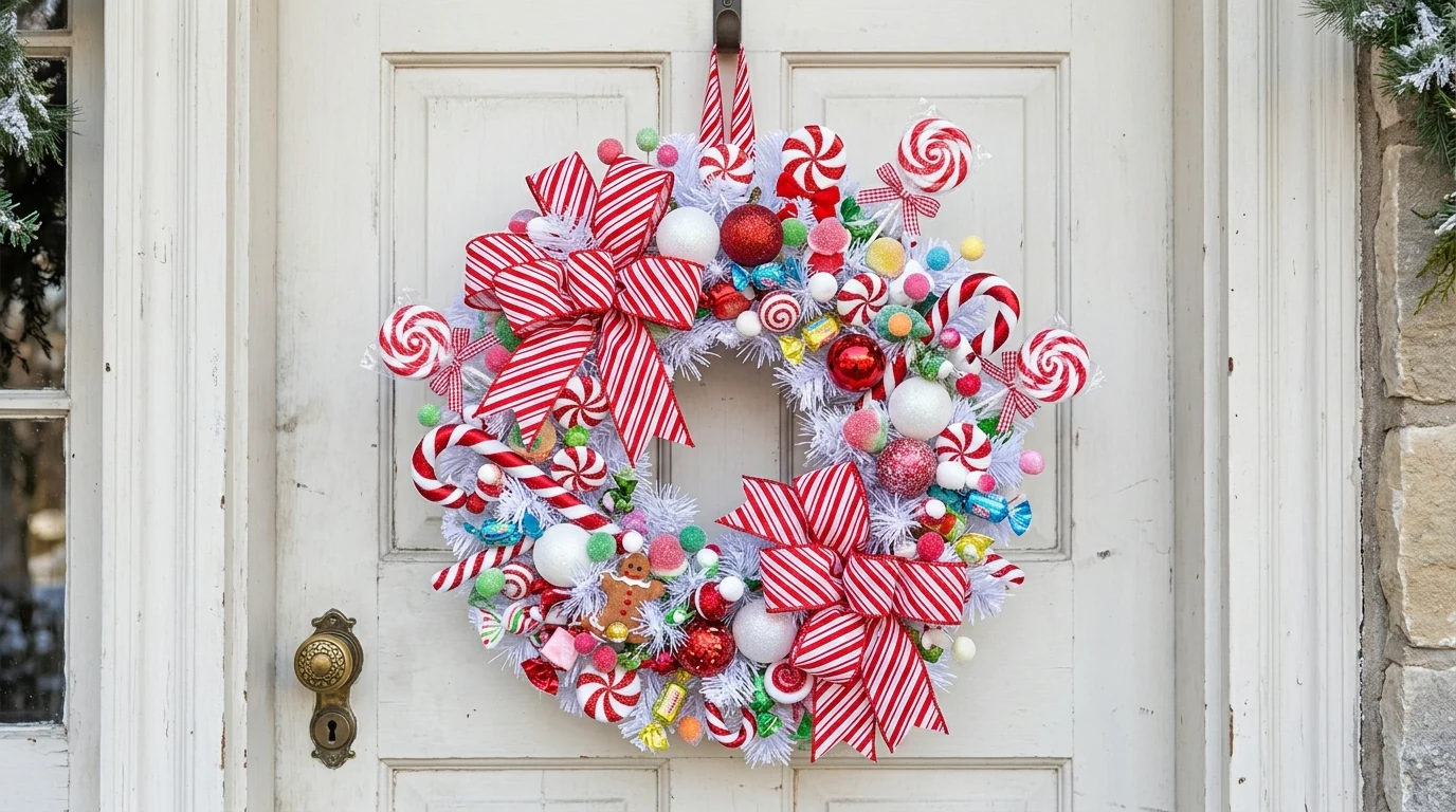 Holiday wreath decorated with brass bells and lush greenery.