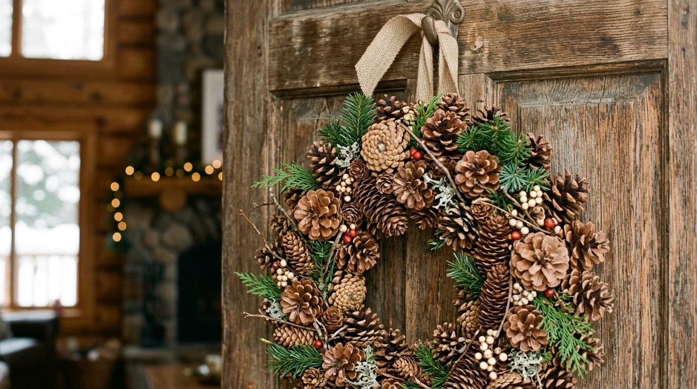 Rustic grapevine Christmas wreath with layered seasonal greenery.