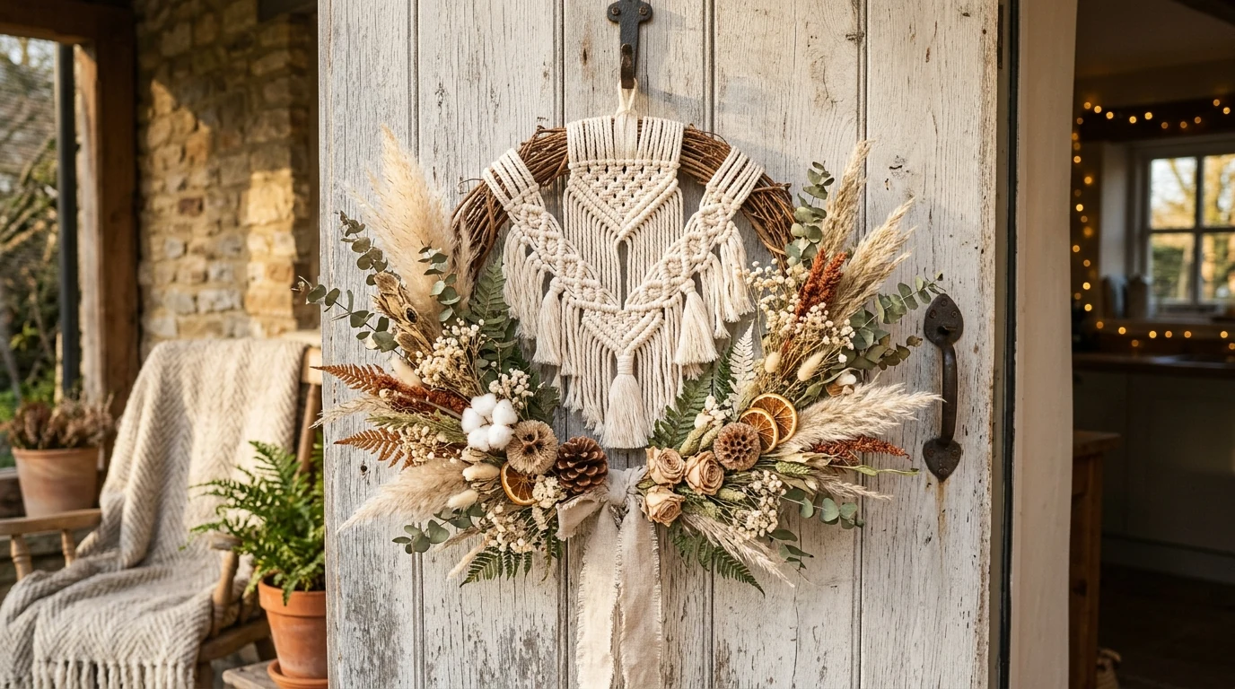 Textured green-on-green Christmas wreath with layered winter foliage.