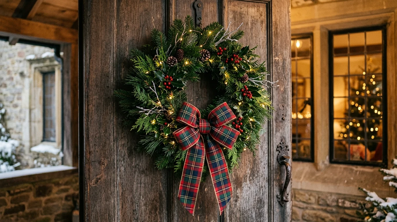 Christmas wreath styling paired with lanterns for a welcoming holiday doorway.
