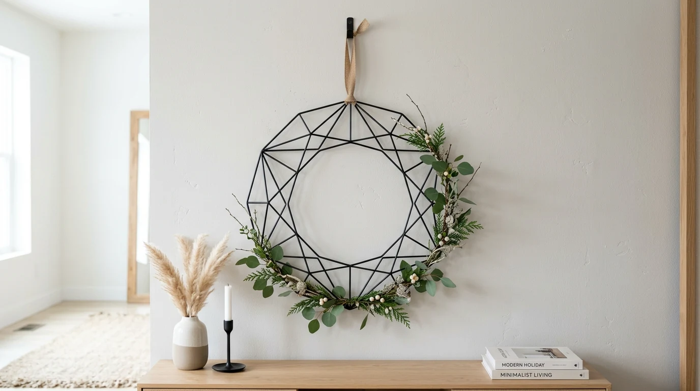 Evergreen wreath with subtle mini ornament accents for a festive winter door.