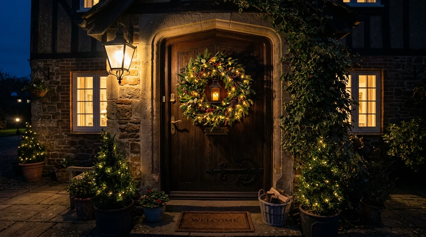 Neutral winter Christmas wreath with linen ribbon and soft seasonal foliage.