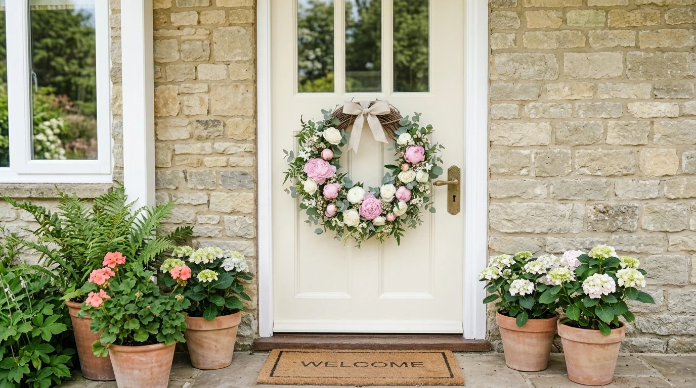 Floral spring wreath with fresh blooms and greenery on a front door.