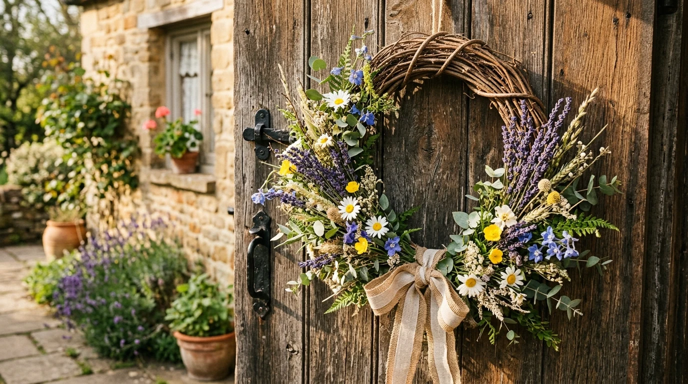 Spring wreath made with tulips and a flowing ribbon.
