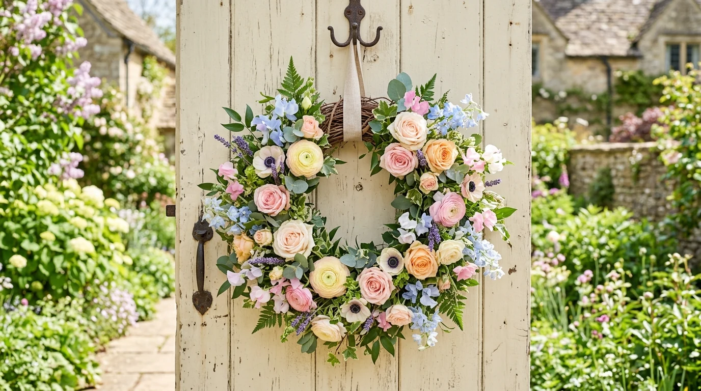 Modern floral spring wreath with eucalyptus and white flowers.