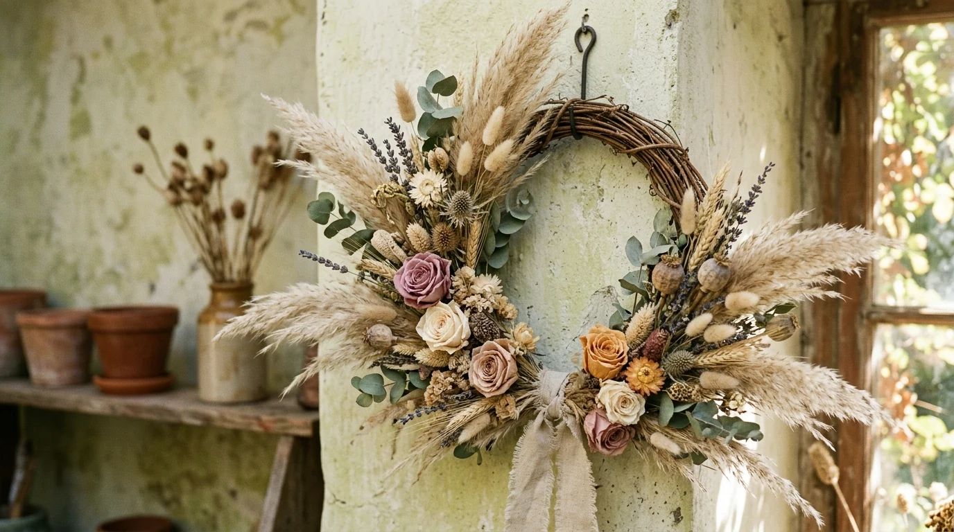 Floral spring wreath made with bright yellow forsythia branches.
