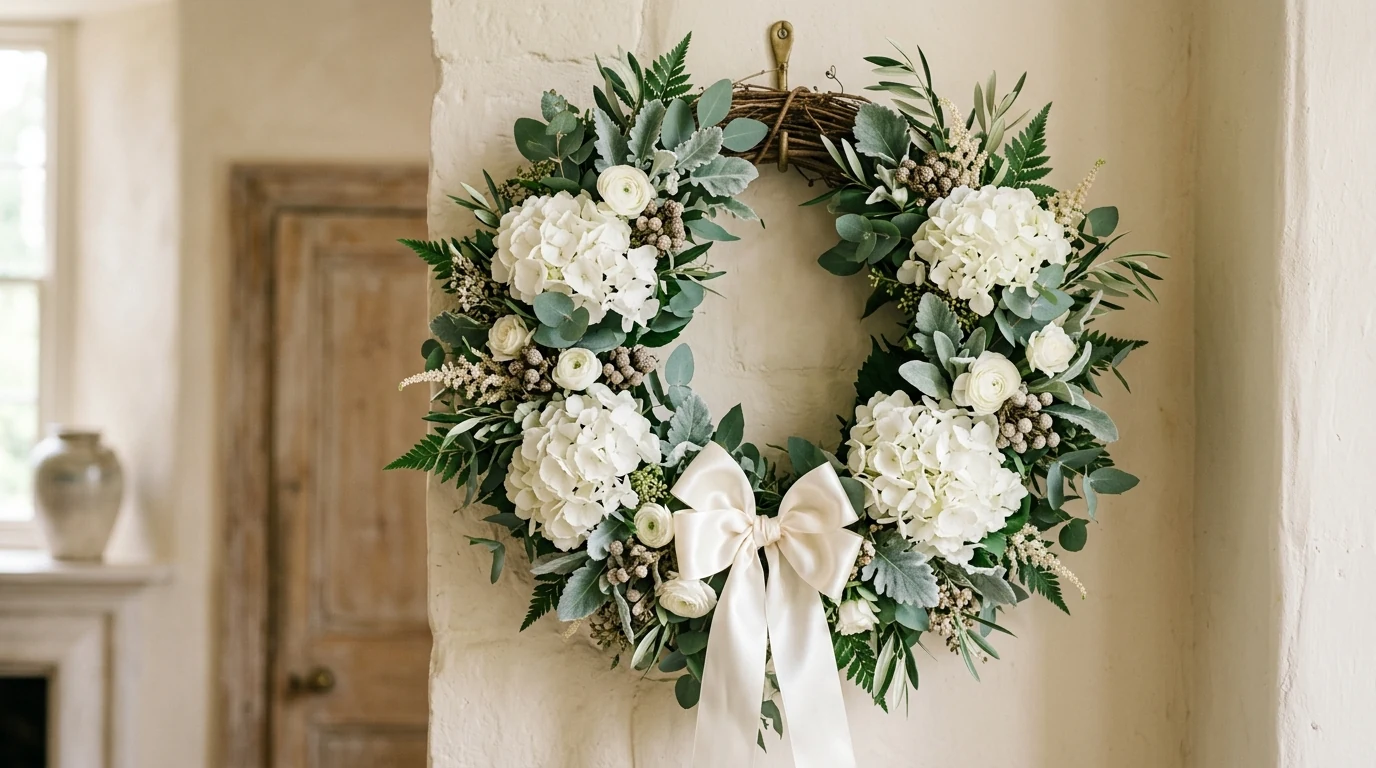 Spring wreath with lavender, herbs, and soft floral texture.