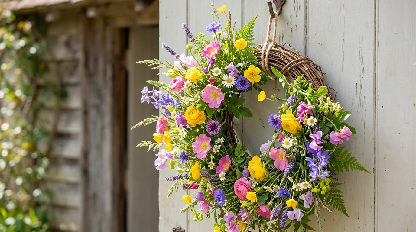 Floral spring wreath with moss and speckled egg accents.