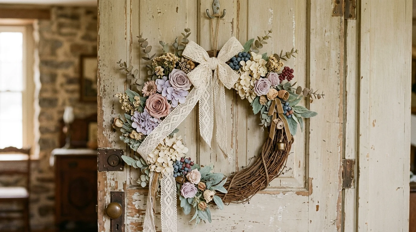Full floral spring wreath with soft hydrangea blooms.