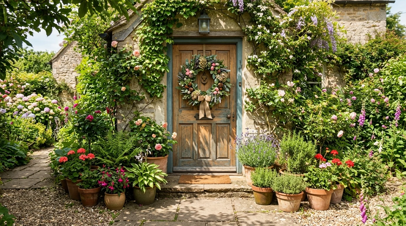 Floral spring wreath with daffodils on a welcoming entry door.