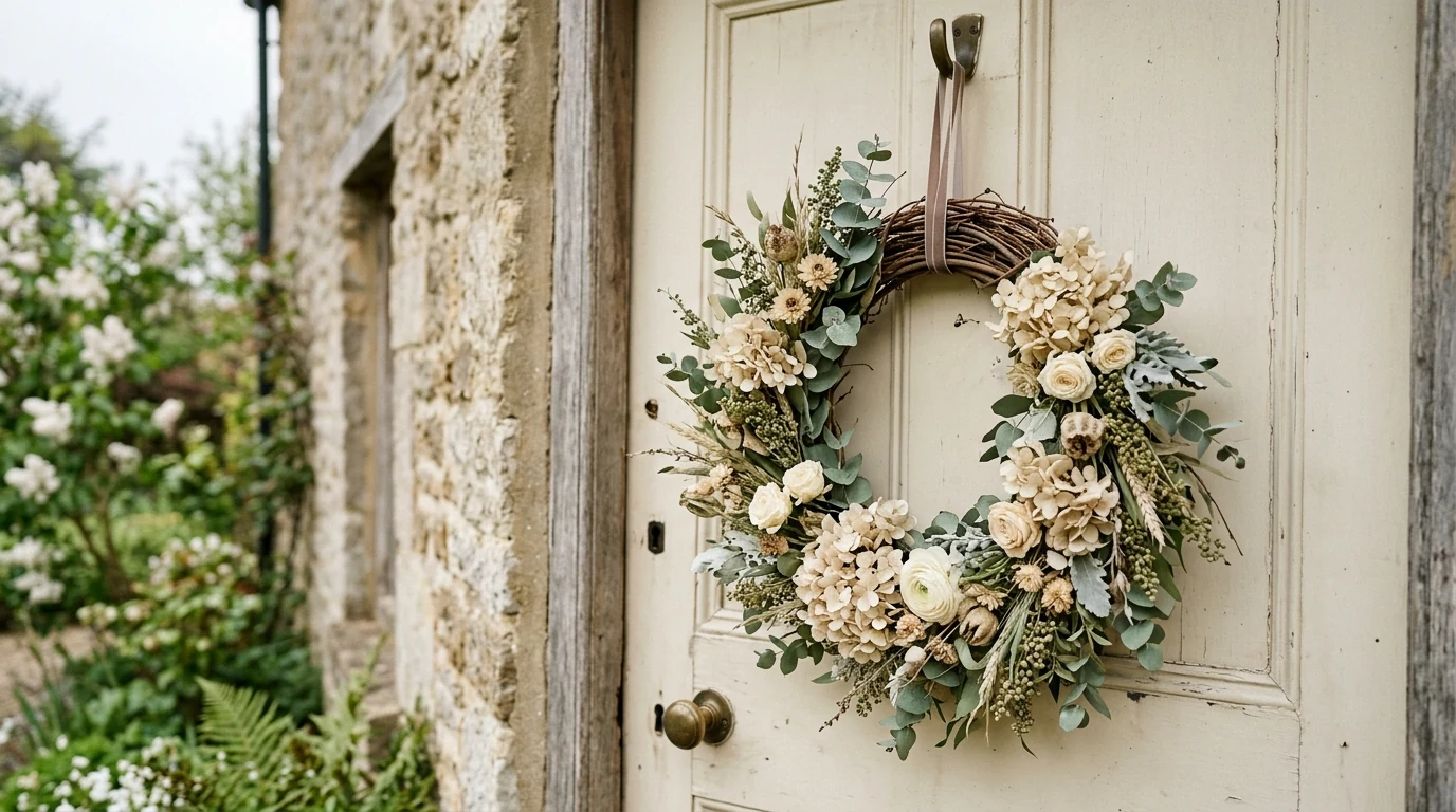 Cottage-style floral spring wreath with a soft bow.