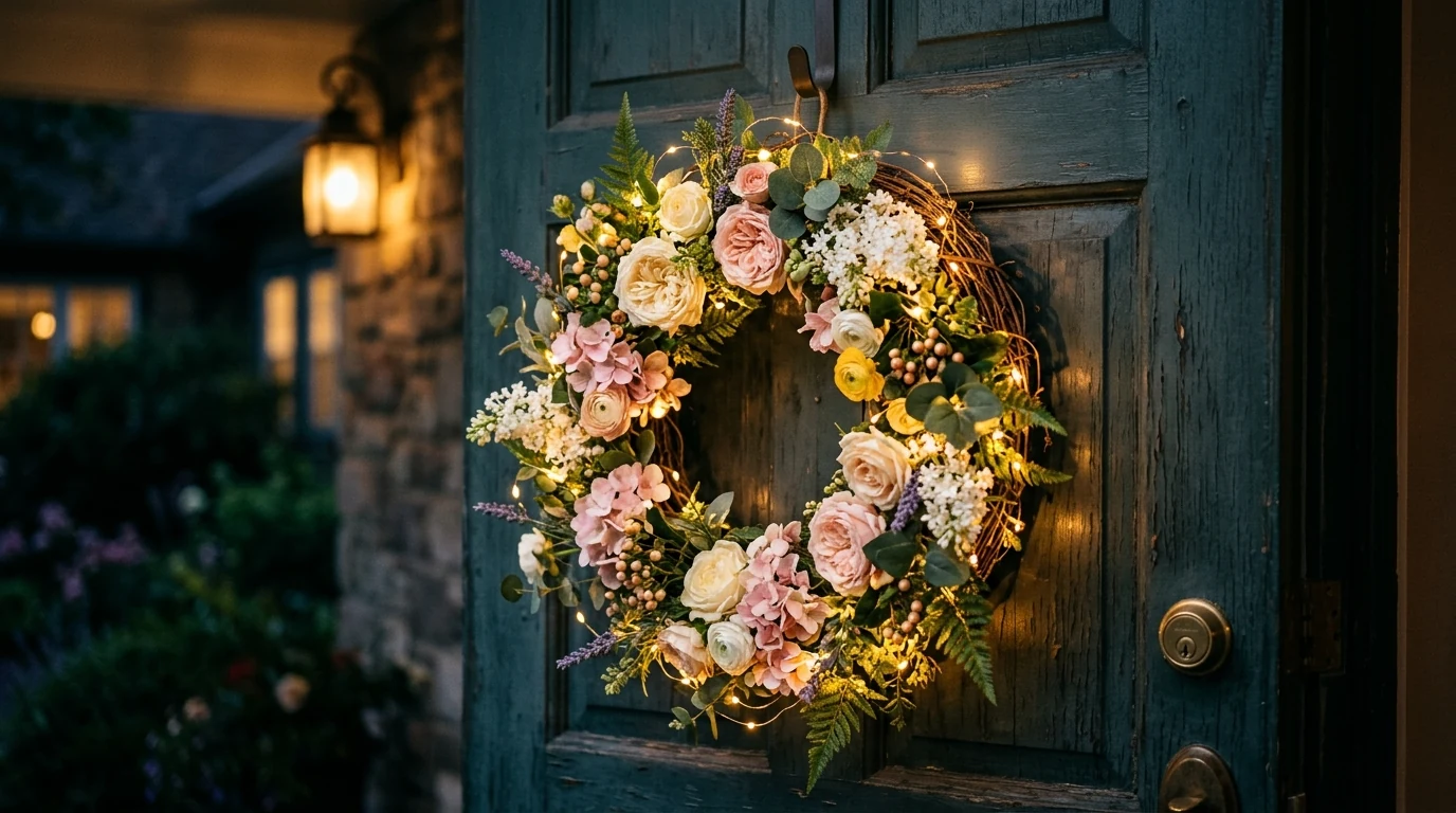 Full floral spring wreath with mixed blooms and fresh greenery.