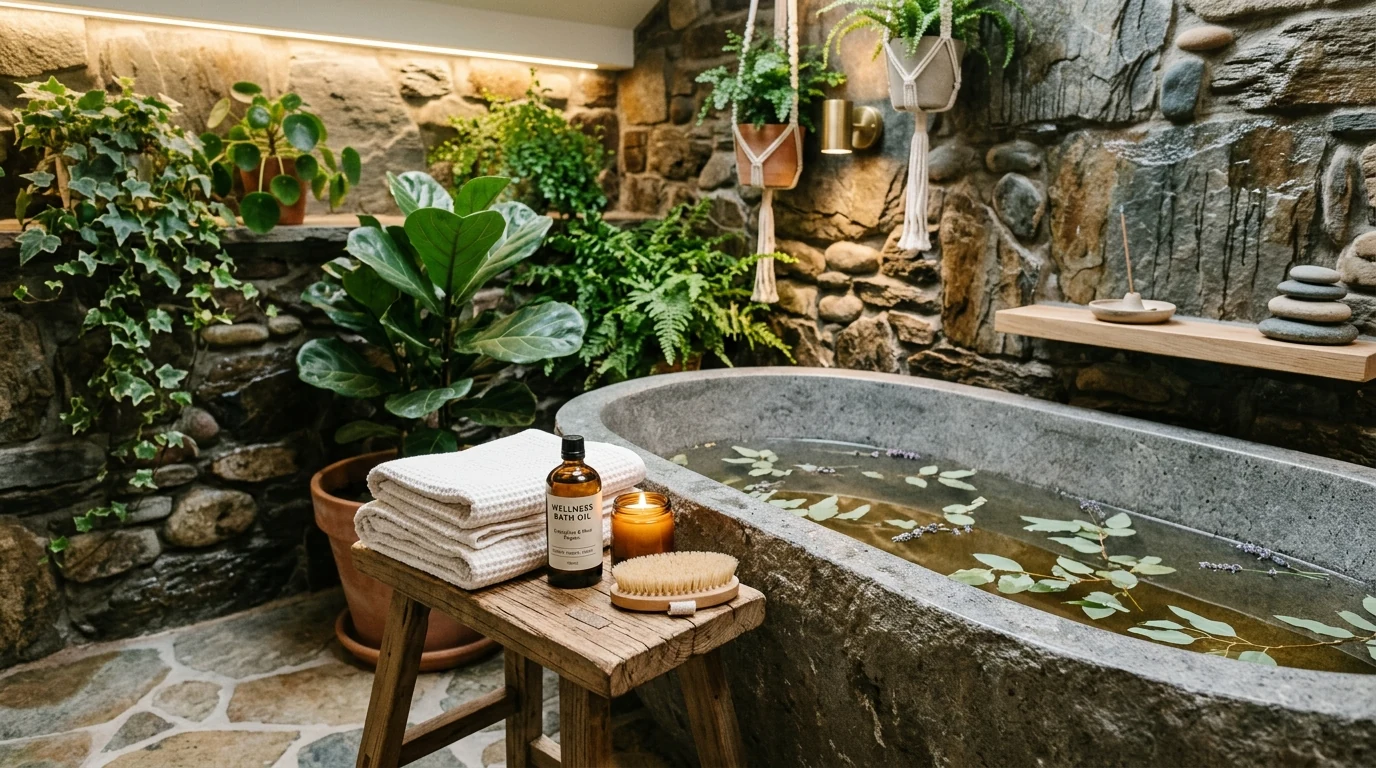 Stone-inspired interior surfaces with travertine and plaster-like finishes.