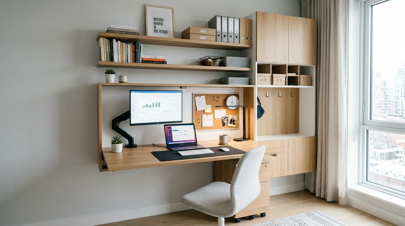 Stylish living room with concealed storage and clean uncluttered styling.