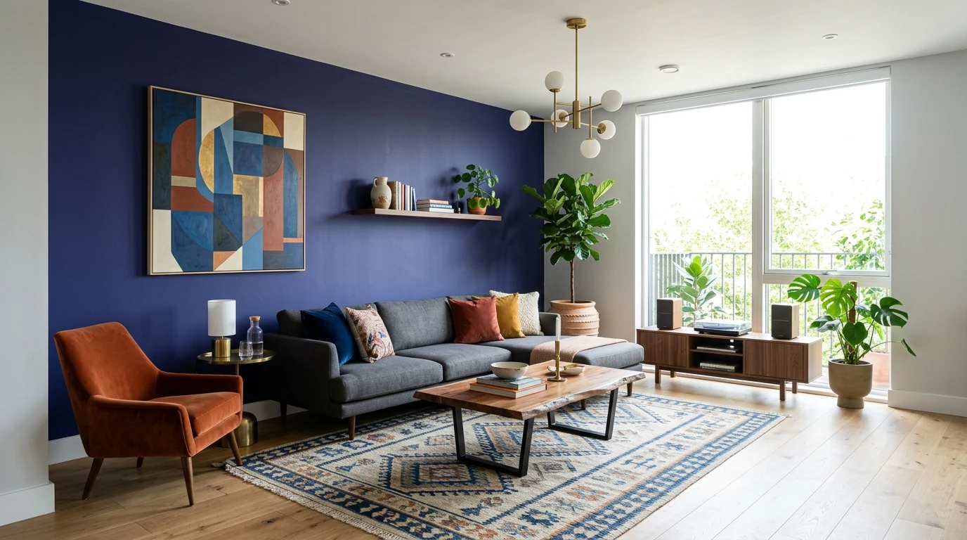 Interior mixing vintage-style furniture with modern neutral basics.