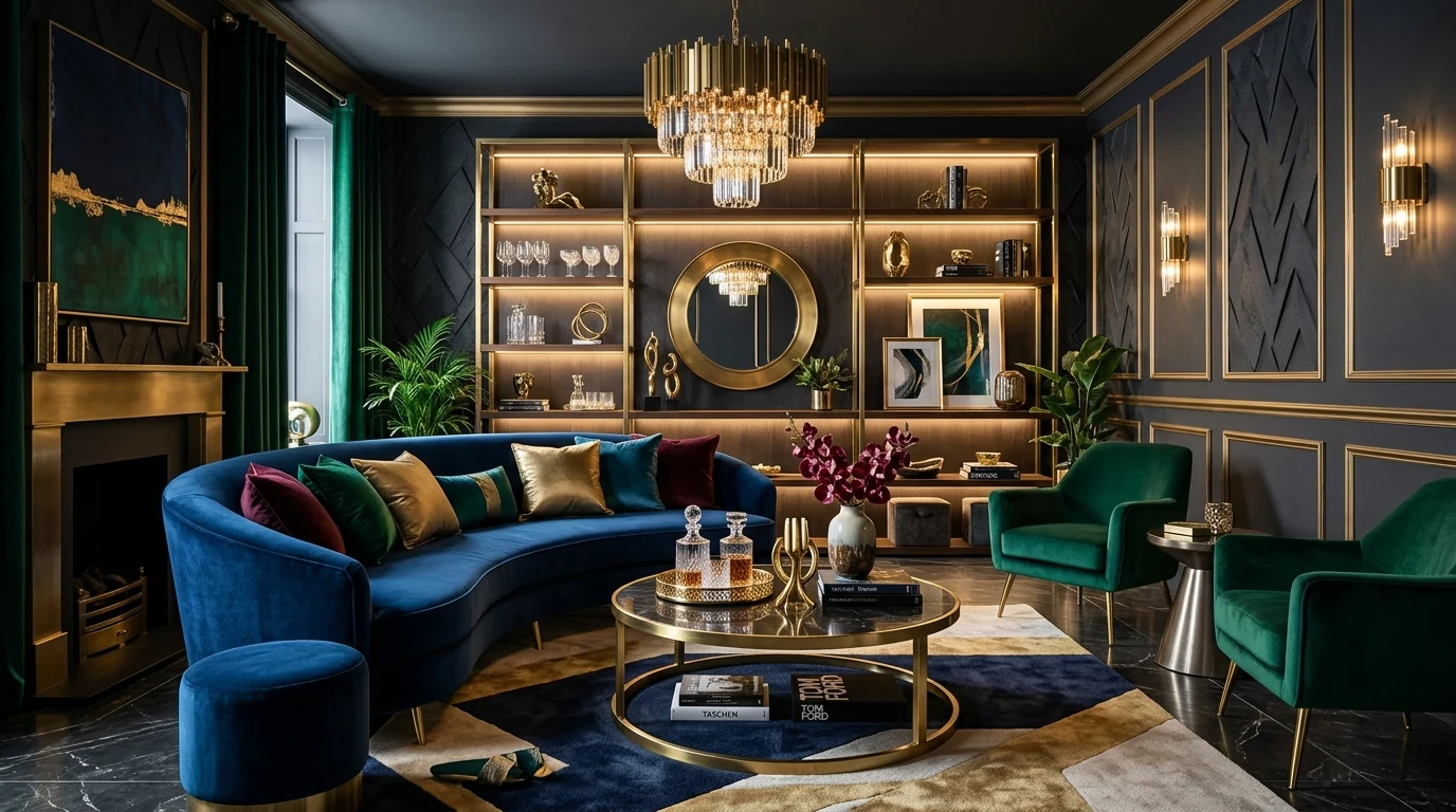 Interior using mixed metal accents across lighting, hardware, and decor.