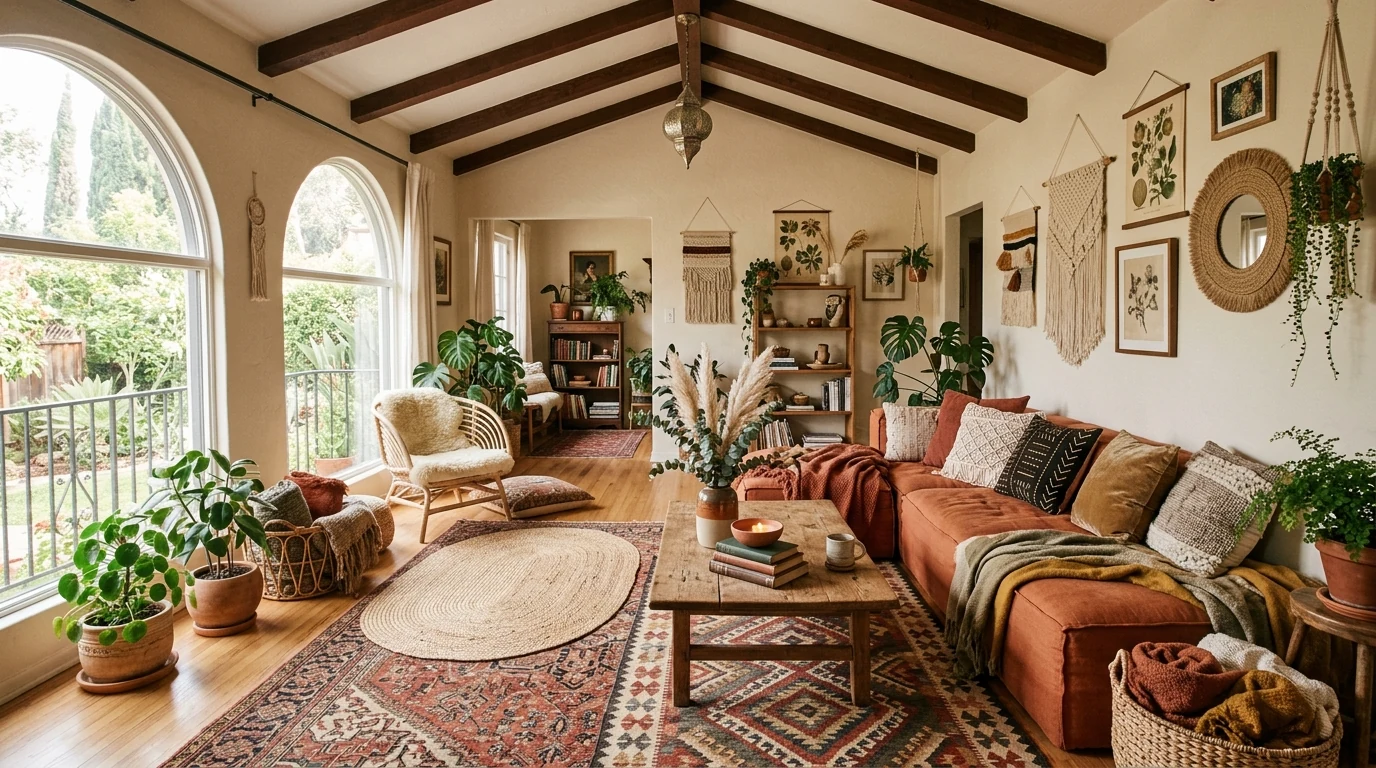 Serene bedroom styled with wellness-focused decor and soft natural layers.