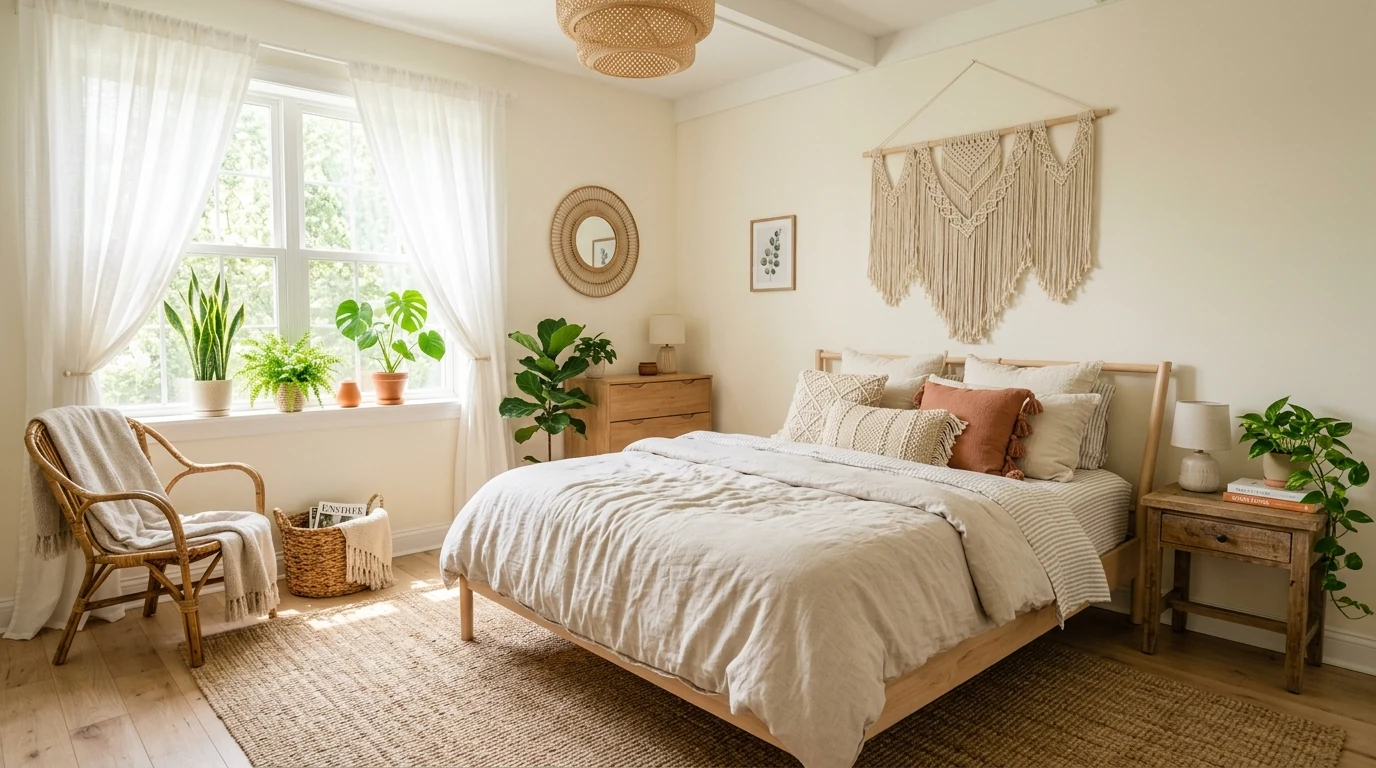 Free-spirited boho chic summer bedroom with airy natural texture.