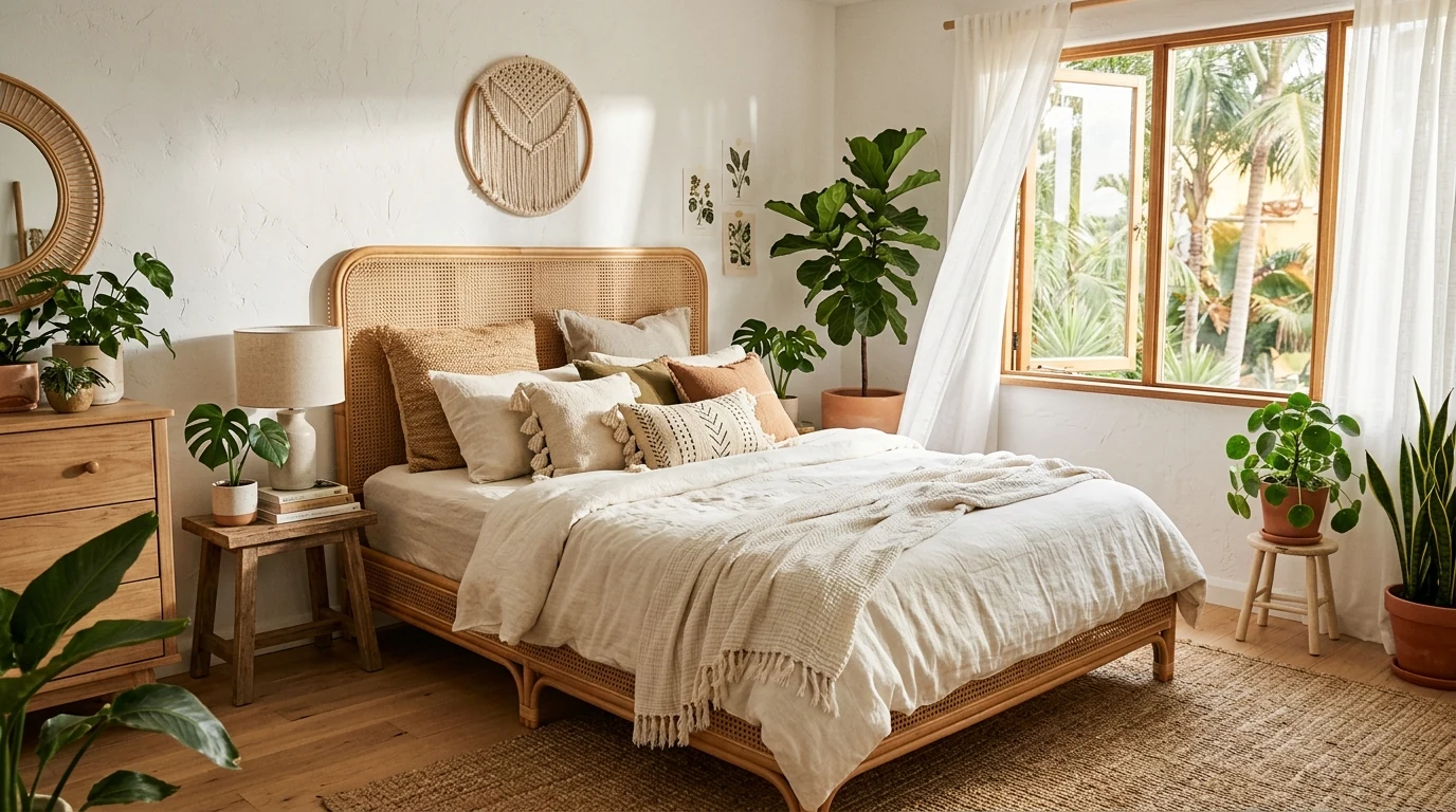 Summer bedroom with a rattan headboard in a boho chic setting.