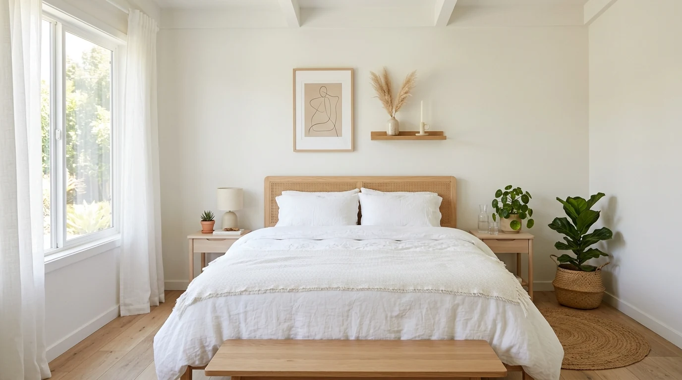 Boho summer bedroom in soft earth tones with white walls.