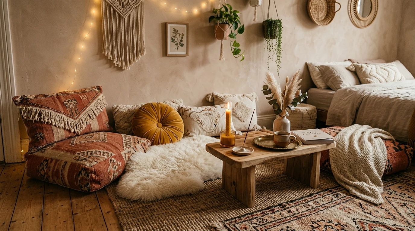 Boho chic bedroom with macrame and woven wall decor for summer.