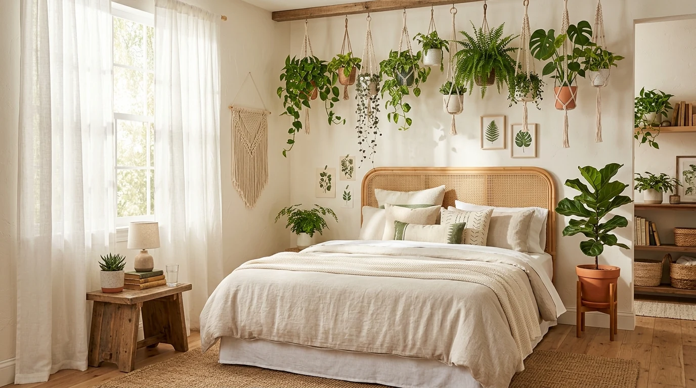 Casual low bed styled in a free-spirited boho summer bedroom.