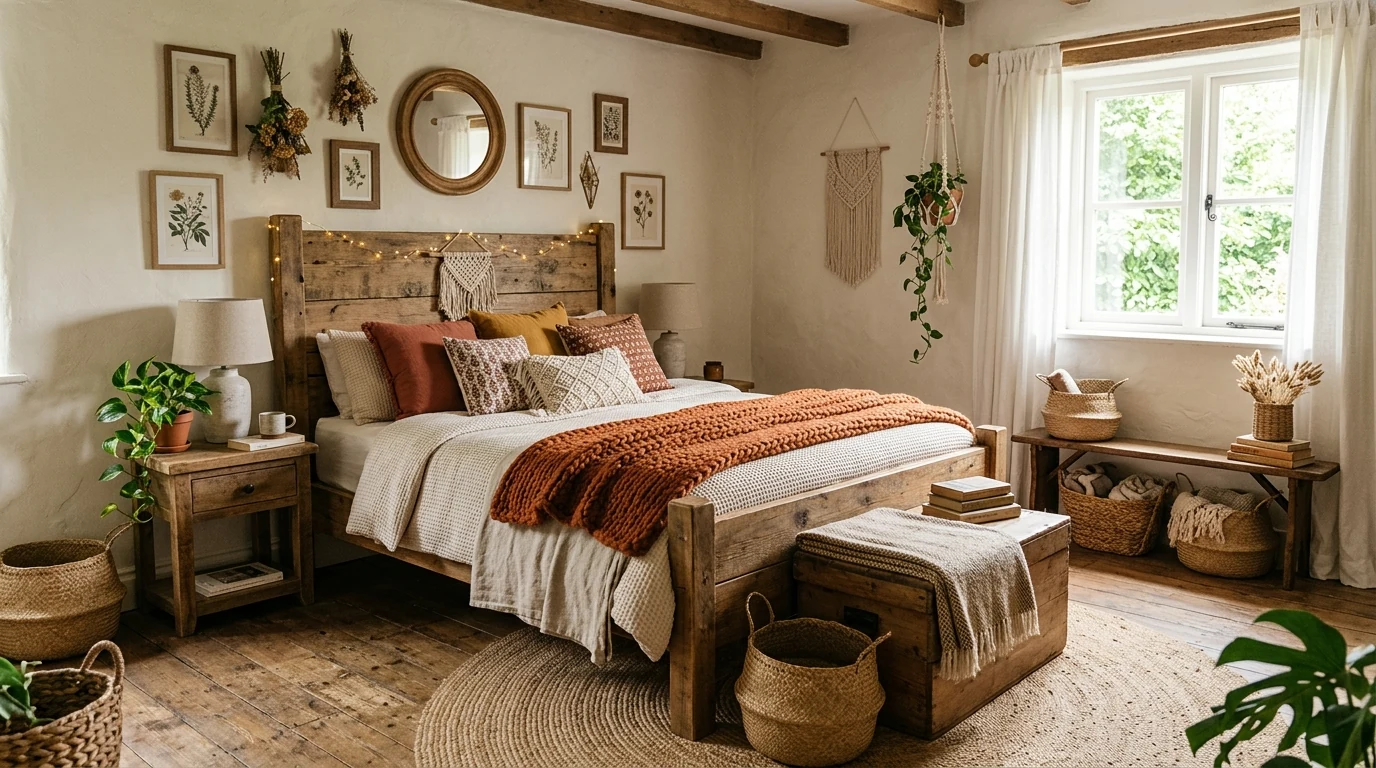 Boho summer bedroom with plants gathered by a sunny window.
