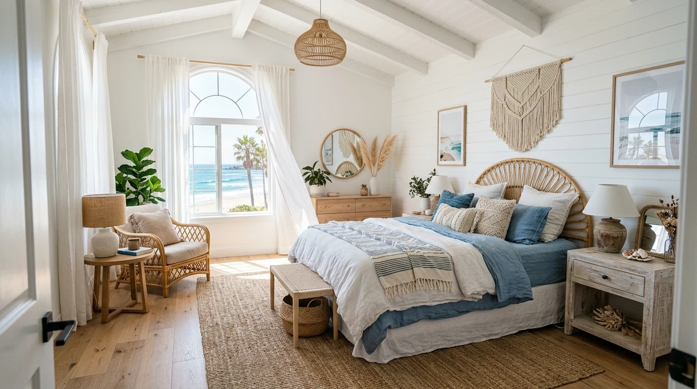 Boho chic bedroom with a patterned rug layered beneath the bed.