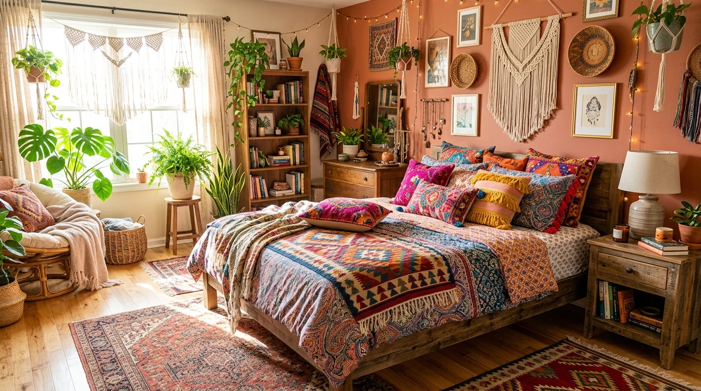 Dreamy boho summer bedroom with a light canopy draped over the bed.