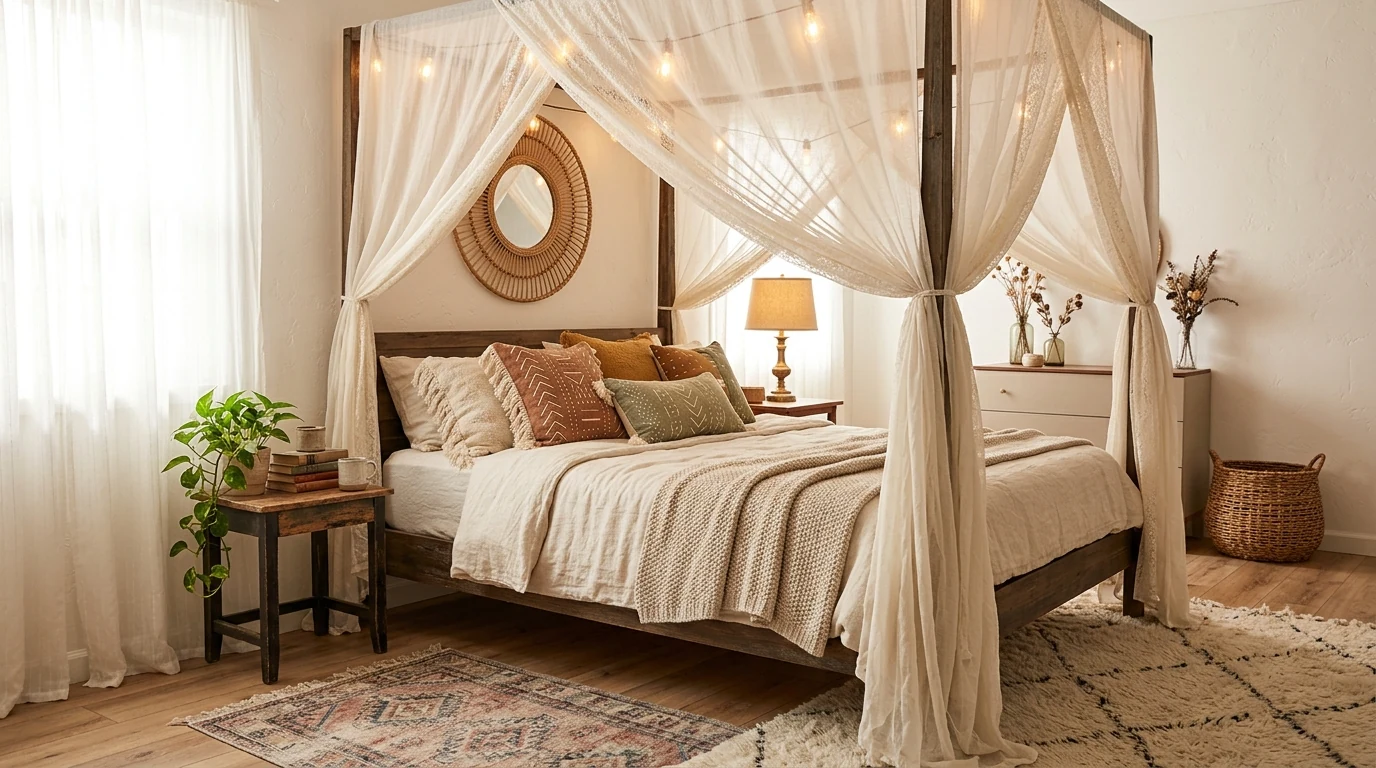 Natural-material boho bedroom with wood, rattan, linen, and ceramic accents.