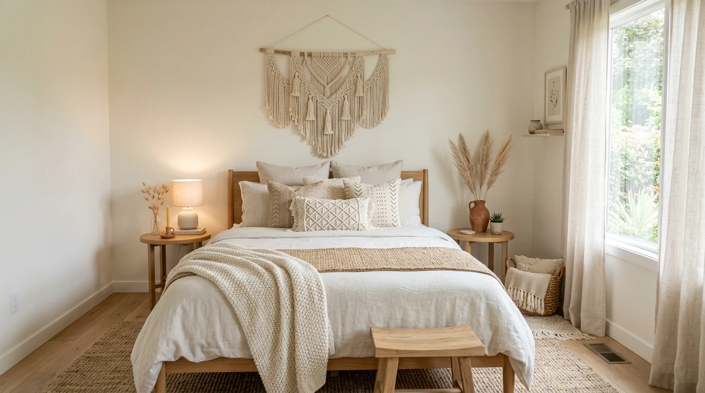 Boho summer bedroom with muted colorful pillows layered on the bed.